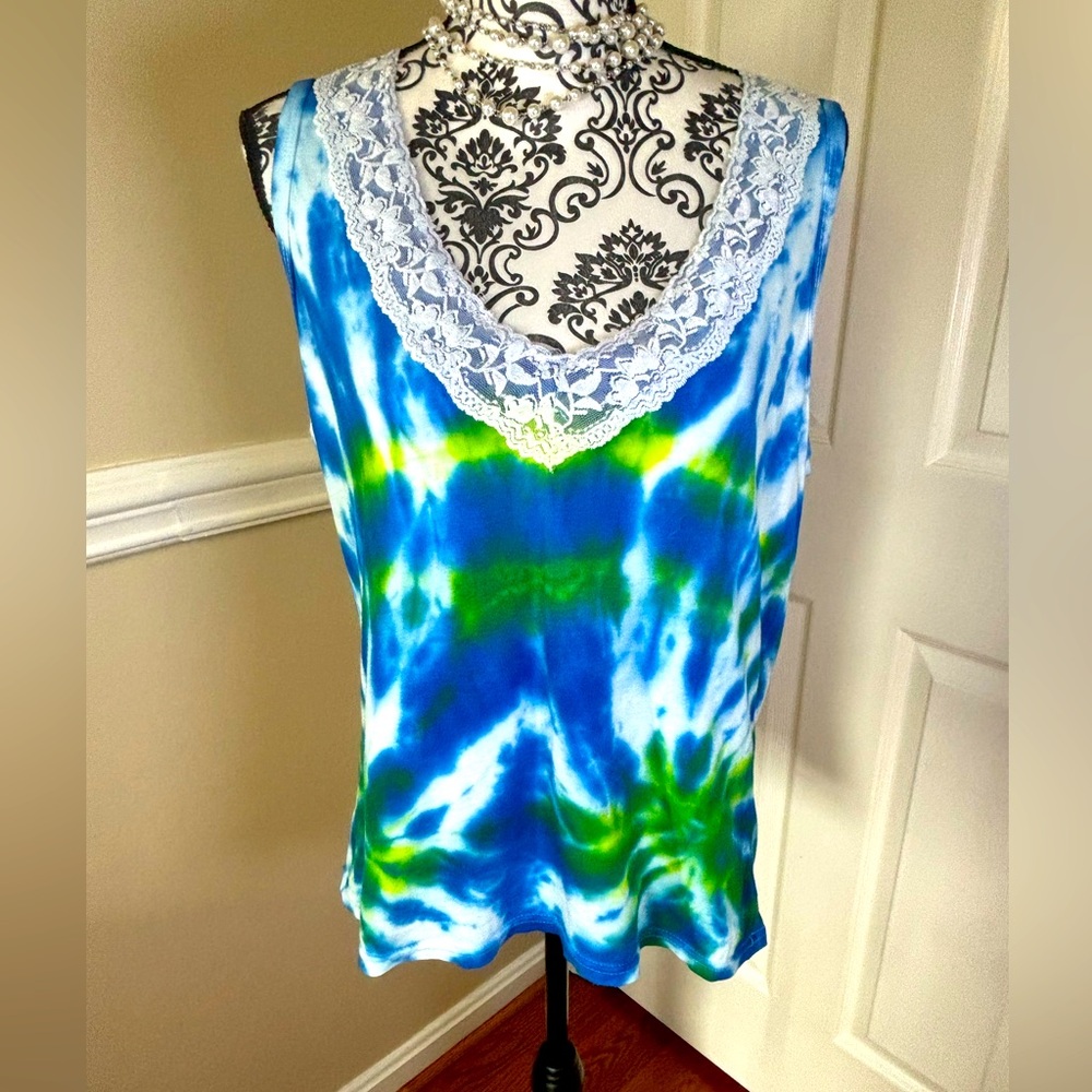 Angels, women’s hand died blue & yellow, sleeveless top, size 1X